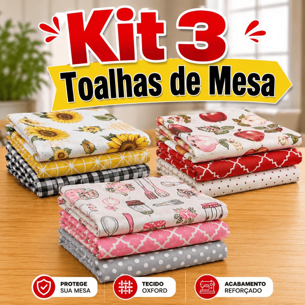 Kit 3 Toalhas Mesa 4 Lugares Oxford 100x145cm Estampas Sortidas Cozinha Decora Premium