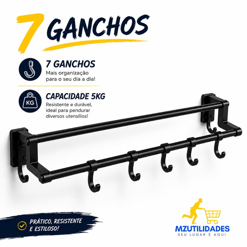 Suporte Toalheiro Duplo De Parede Com 7 Ganchos Organizador Banheiro Cozinha Preto 5Kg