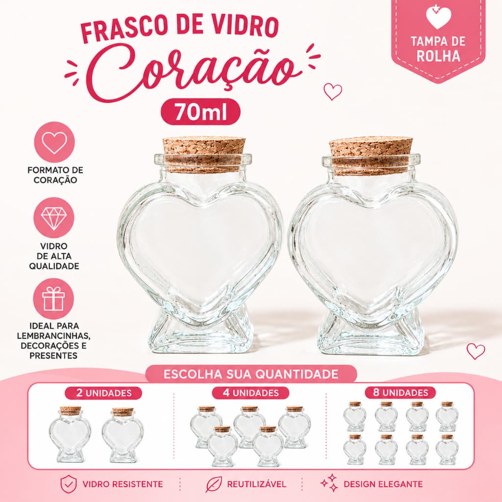 Pote Vidro Decoração Coração 70ml com Tampa Kit 02 04 ou 08 Unidades