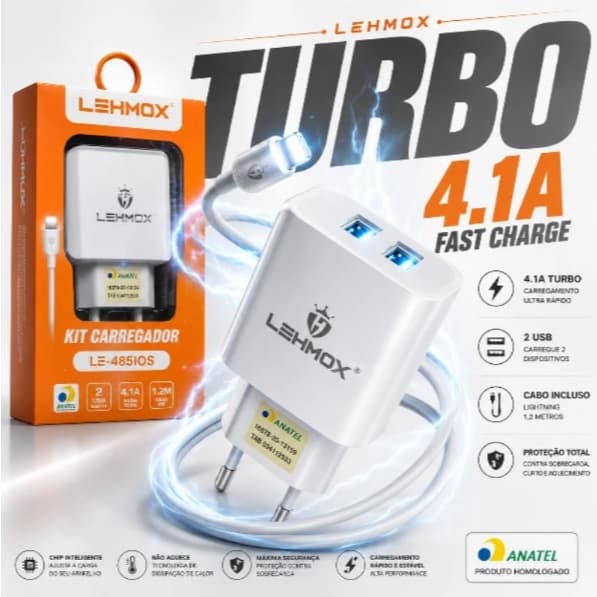 Kit Carregador Rapido 4.1A 2 Usb com Cabo V8 Lehmox - LE-485 MICRO-USB lOS