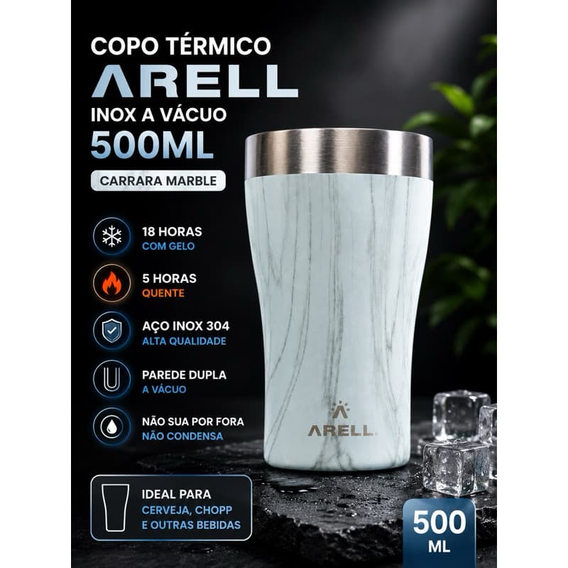 COPO TÉRMICO CERVEJA ARELL 500ML INOX PAREDE DUPLA A VÁCUO CHOPP