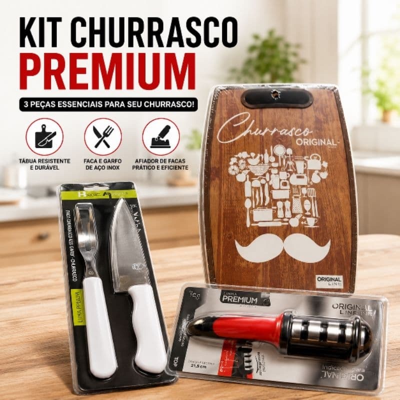 Kit Churrasco 3 Peças Original Line | Tábua de Corte + Faca e Garfo + Afiador de Facas | Aço Inox