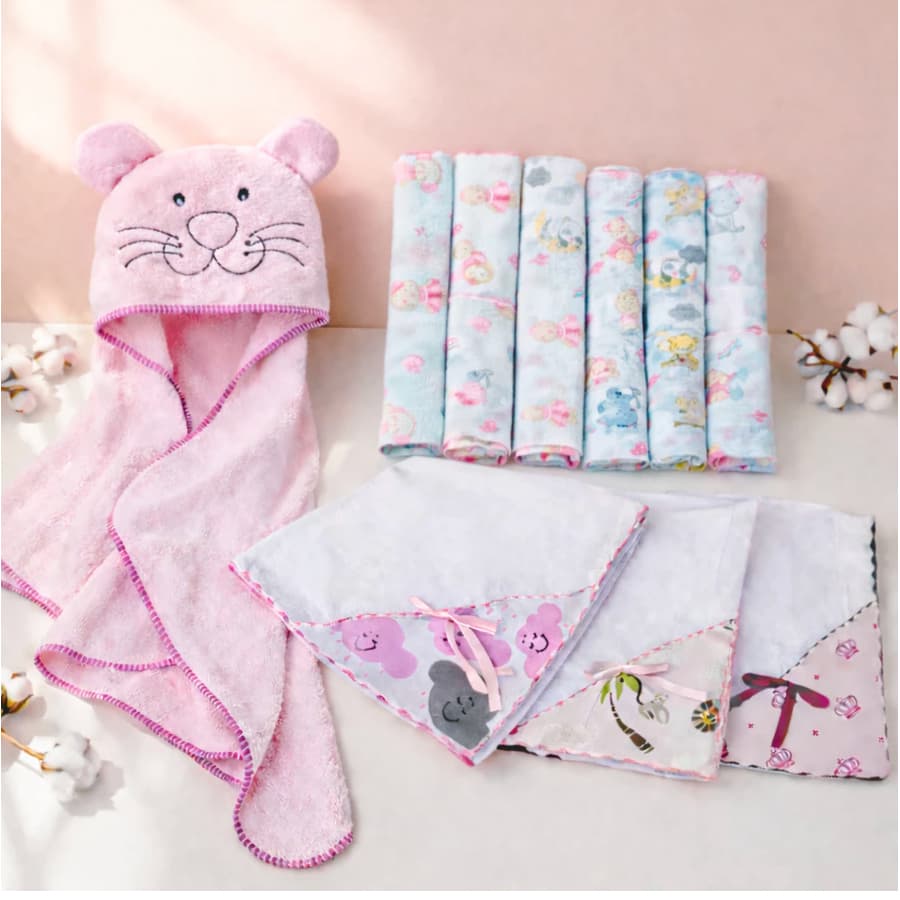 Kit Enxoval Bebê 15 Peças Toalha de Banho Bebê Bordada + 11 Fraldinhas + 3 Manta Fralda 100% Algodão