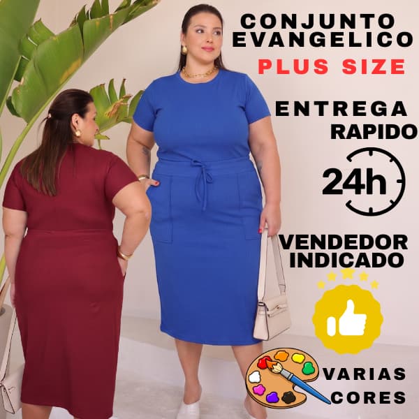 Conjunto Evangelico  PLUS SIZE moda Cristã Saia Midi Ribana con Blusa Tshirt Femenino moda elegante casual top 10