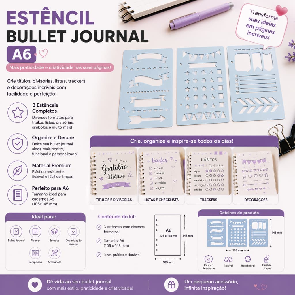 ✨ Crie páginas incríveis no seu Bullet Journal com muito mais facilidade!  O Kit Estêncil Bullet Journal A6 foi desenvol