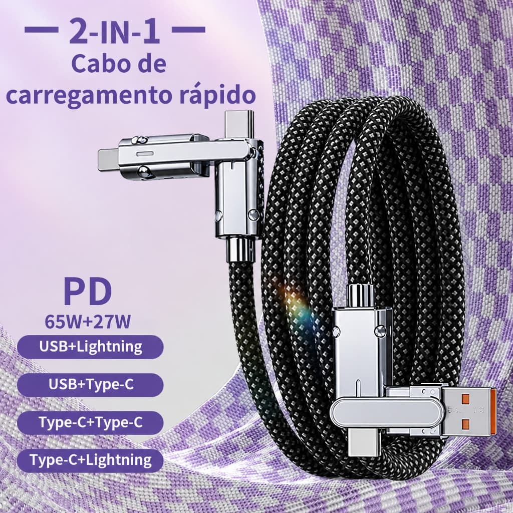 Cabo 4 em 1 65W PD: 1 cabo = 4 funções, Tipo-C e Lightning, nylon 1m, 480Mbps, iPhone/Android