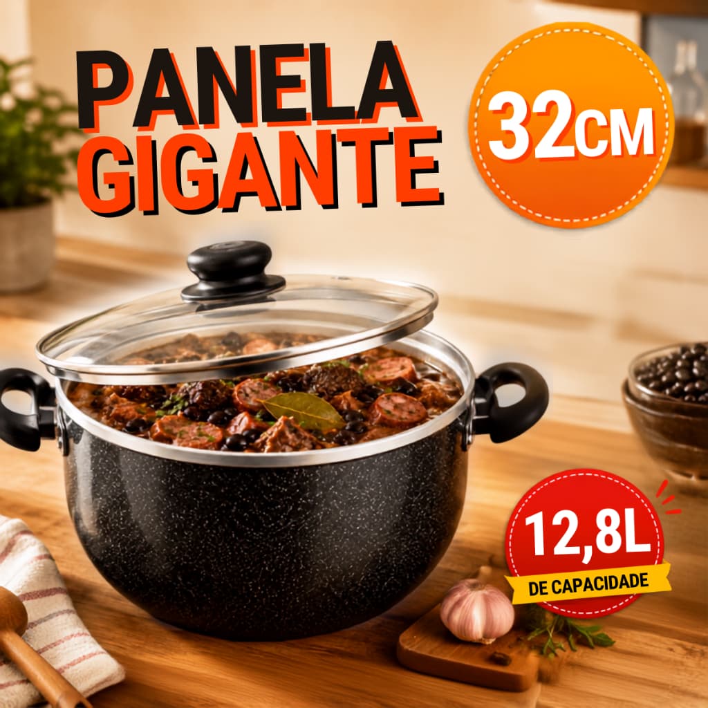 Panela Grande 32cm 12,8 Litros com Tampa de Vidro em Alumínio Reforçado para Feijoada e Sopas