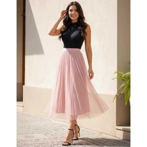 Saia Midi Plissada Feminina Tule Com Brilho Forrada Cós Elástico Elegante Modesta Festa Casual