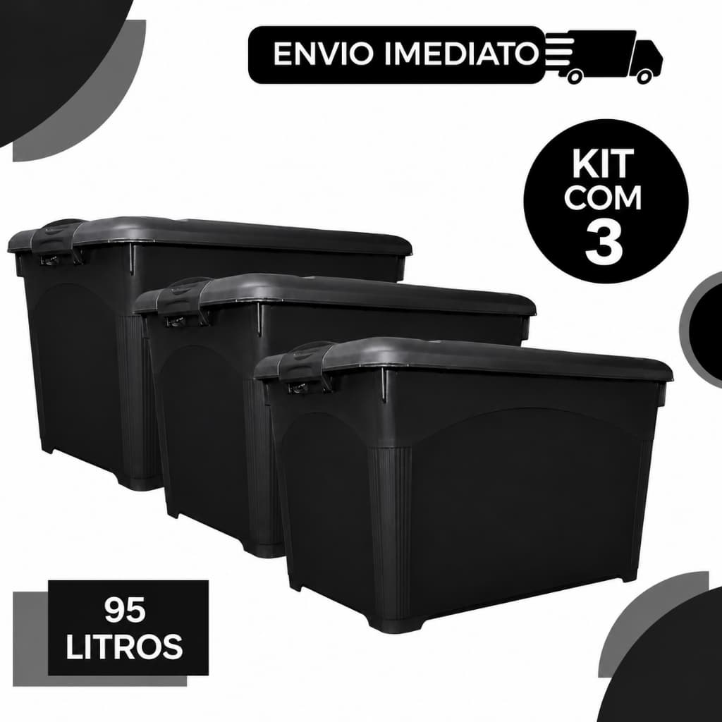 Kit 3 Caixas Organizadoras 95 Litros com Rodinhas Tampa com Trava Reforçada