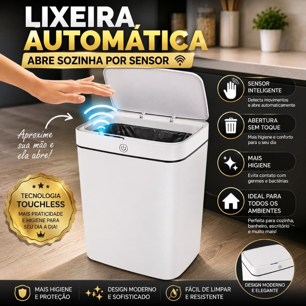 Lixeira Automatica Sensor De Aproximação 14l Retangular Inteligente Banheiro Cozinha Slim