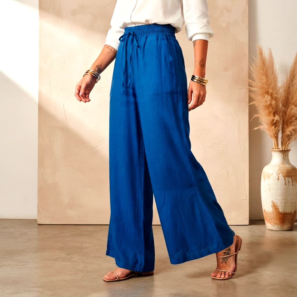 Calça Pantalona Feminina de Cintura Alta Soltinha Viscolinho Linho Social Escritório Sh81