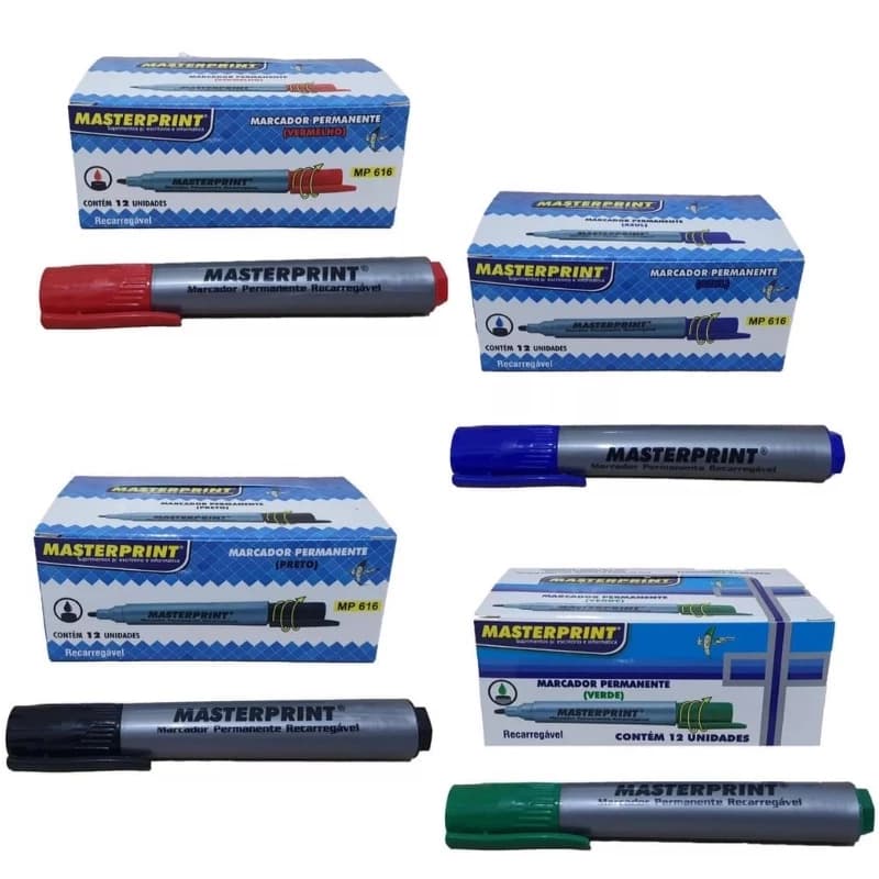 Kit C/ 12 Pincéis Marcador Atômico Permanente Recarregável Caneta  -  Masterprint