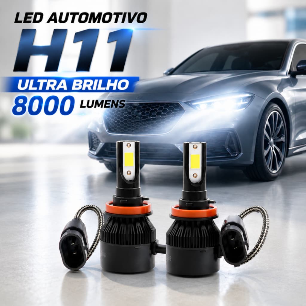 Lâmpada LED Automotiva H11 8000 Lumens 8000K Super Branca. Farol Carro