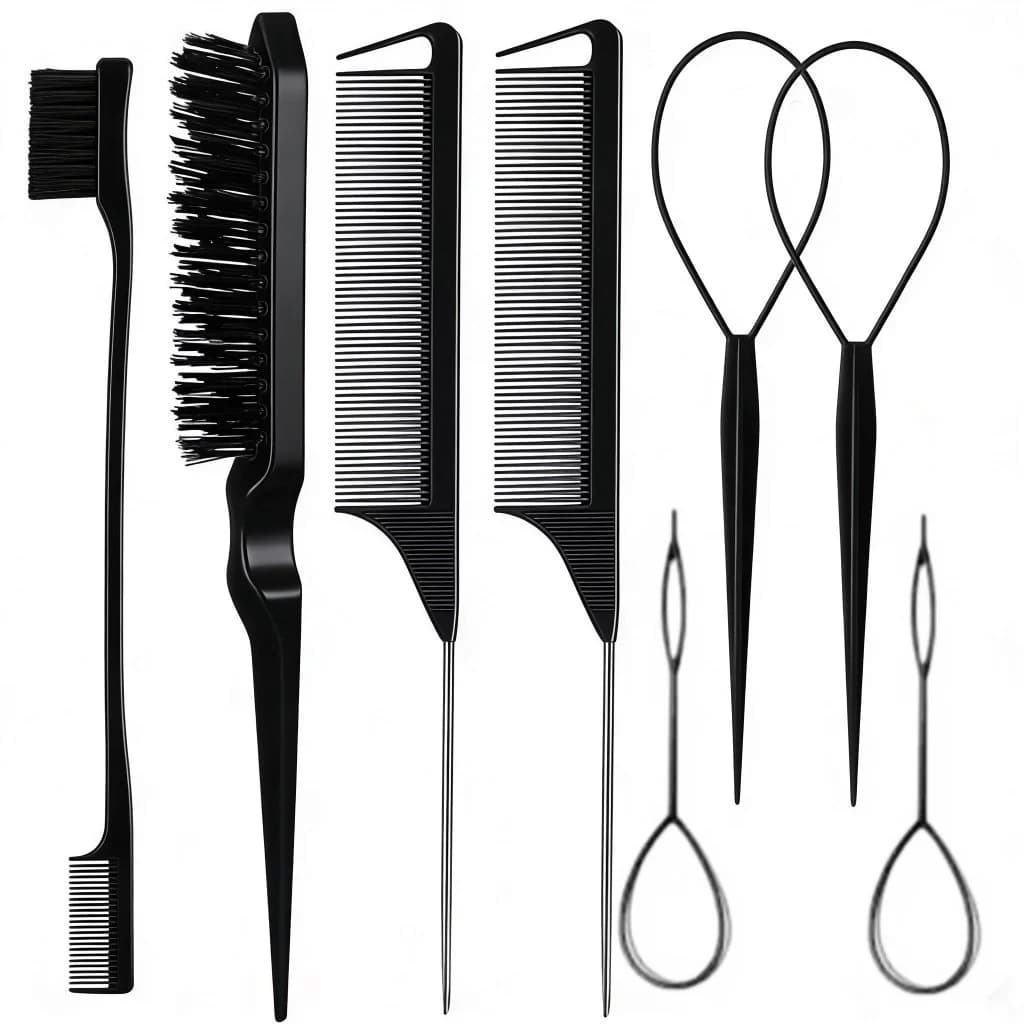 ANA1108 Conjunto 8 peças para estilizar e trançar o cabelo incluindo pente e ferramenta para trançar
