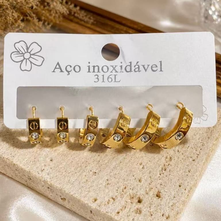 Conjunto Brincos Argola Aço Inox 316L Pedra Brilhante - Sem Joias Alergênicas