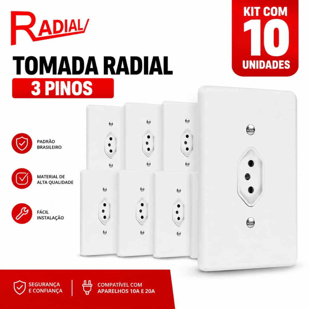 Kit 10 Tomada de Parede 10A Radial Branco 3 Pinos Padrão Brasileiro Universal Tomada Simples 10A