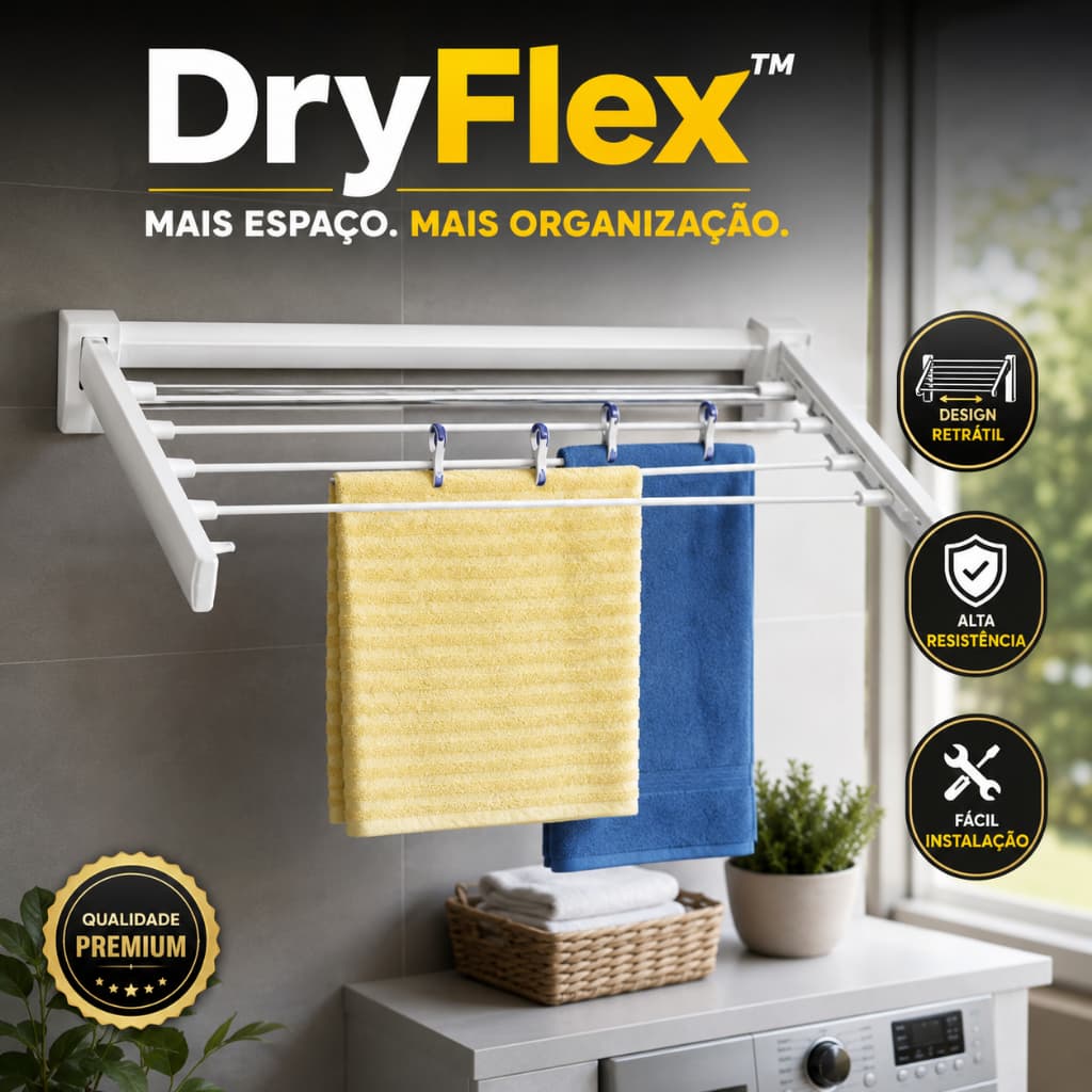 Varal Retrátil de Parede Dobrável 5 Varetas Branco Compacto Alta Resistência Economiza Espaço DryFlex™