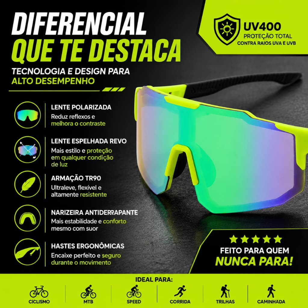 Óculos de Sol Ciclismo Polarizado UV400 Bike TR90 Visor Único Lente Revo Espelhada Verde Corrida MTB