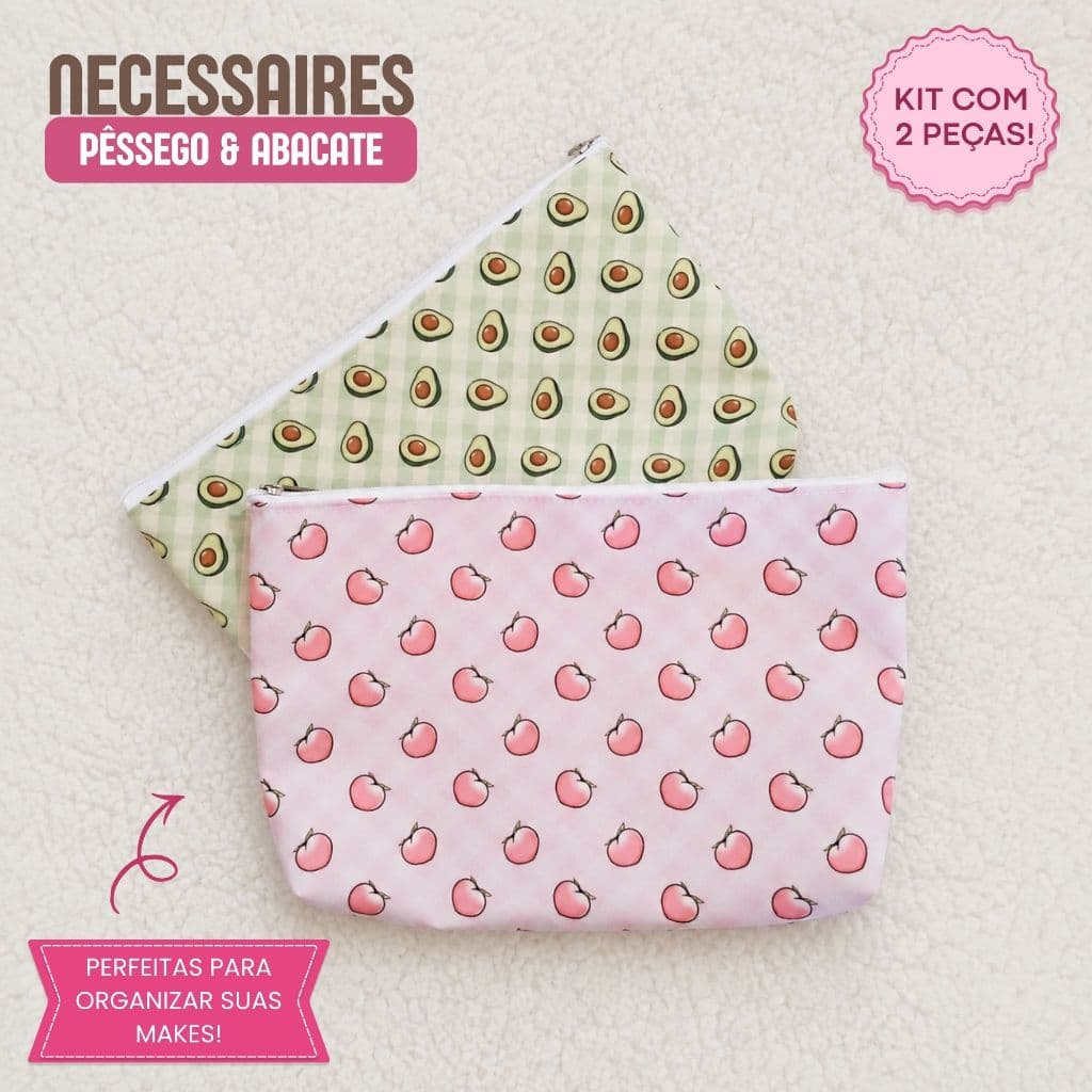 Kit Necessaires Frutas Pêssego e Abacate Estojo Feminino Bolsa de Maquiagem 25x17