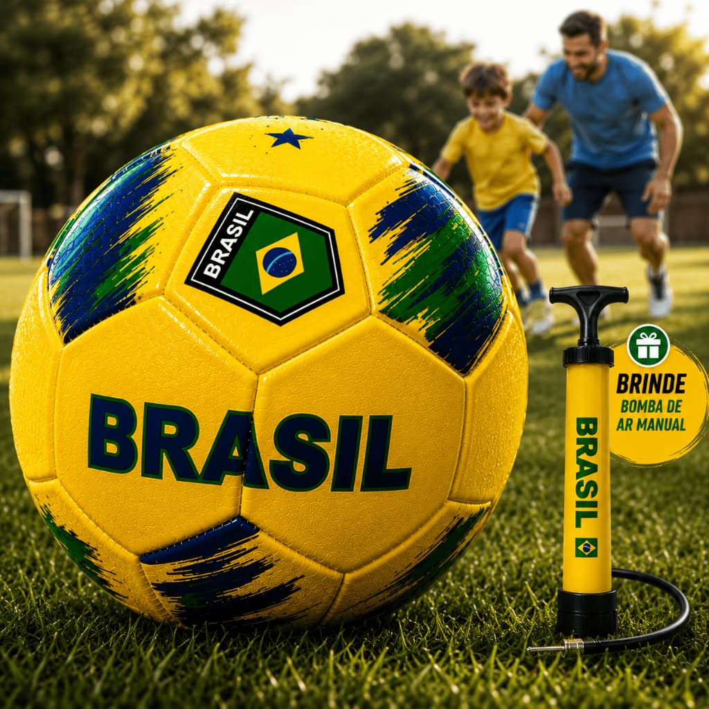 Bola de Futebol Brasil Nº5 Oficial Campo Society Verde Amarelo Costurada Resistente com Bomba