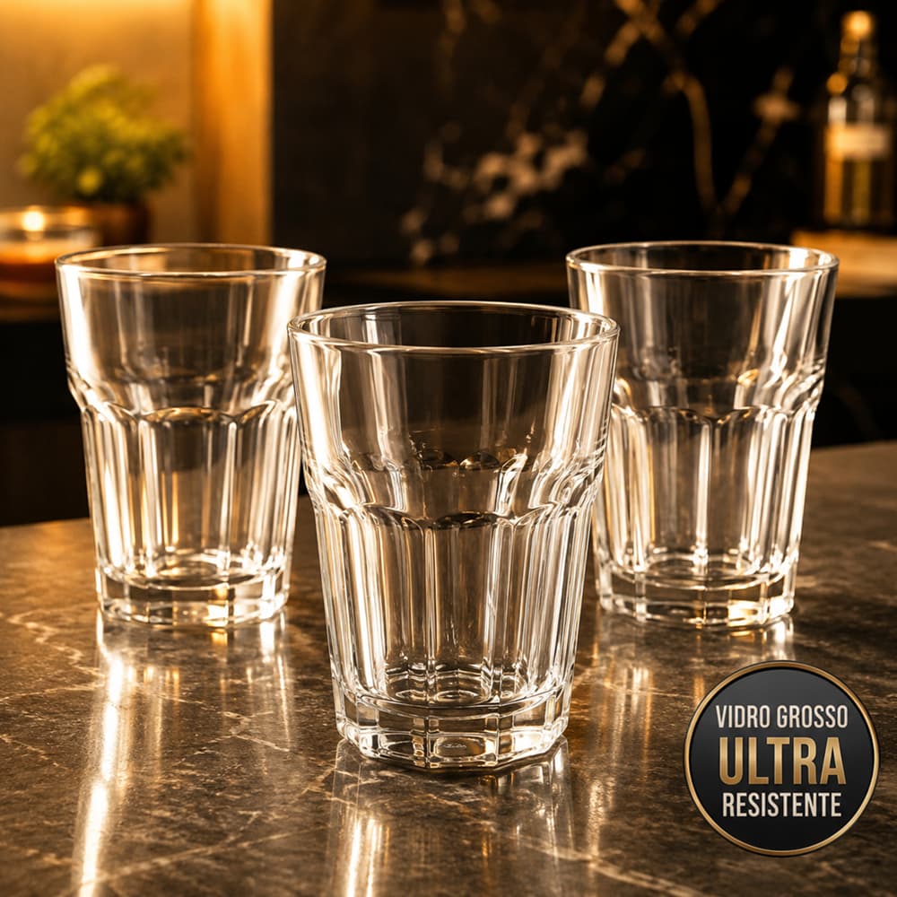 Kit 3 ou 6 Copos de Vidro 350ml Resistentes Design Elegante Uso Diário Mesa Bebidas Suco Água