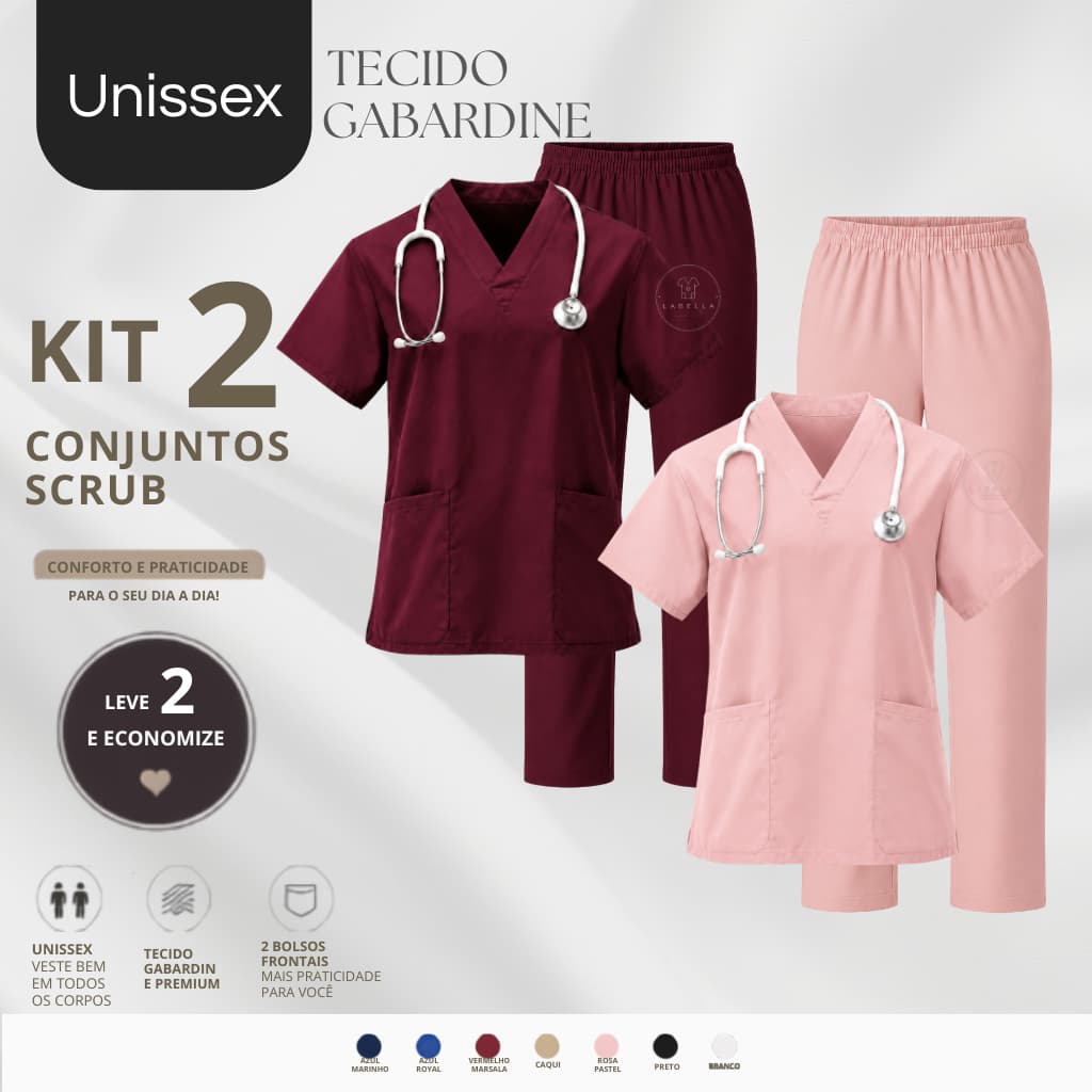 KIT 2 conjunto scrub pijama hospitalar clínica cirúrgico UNISSEX gabardine veterinário medica hospital enfermagem -PH