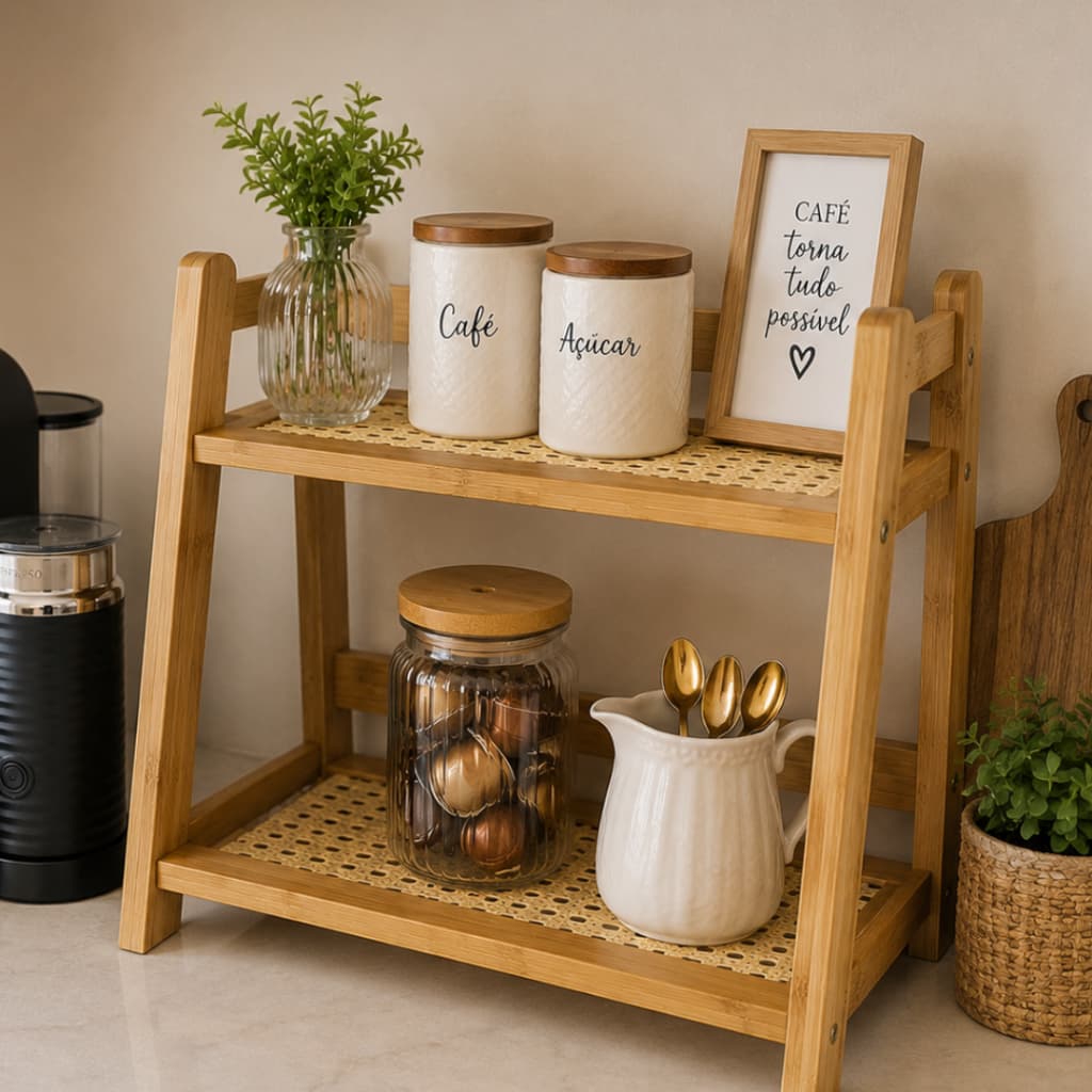 Prateleira Dupla em Bambu Rack Organizador Mesa Bancada Cozinha Utensílios Decoração Rattan Vazado