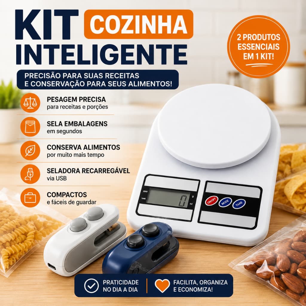Kit Balança Digital de Cozinha Precisão para Alimentos + Mini Seladora Portátil de Embalagens USB