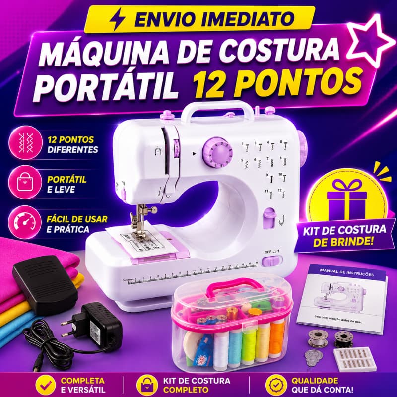 Máquina Costura Portátil Elétrica 12 Pontos com Pedal 110v-220v + BRINDE