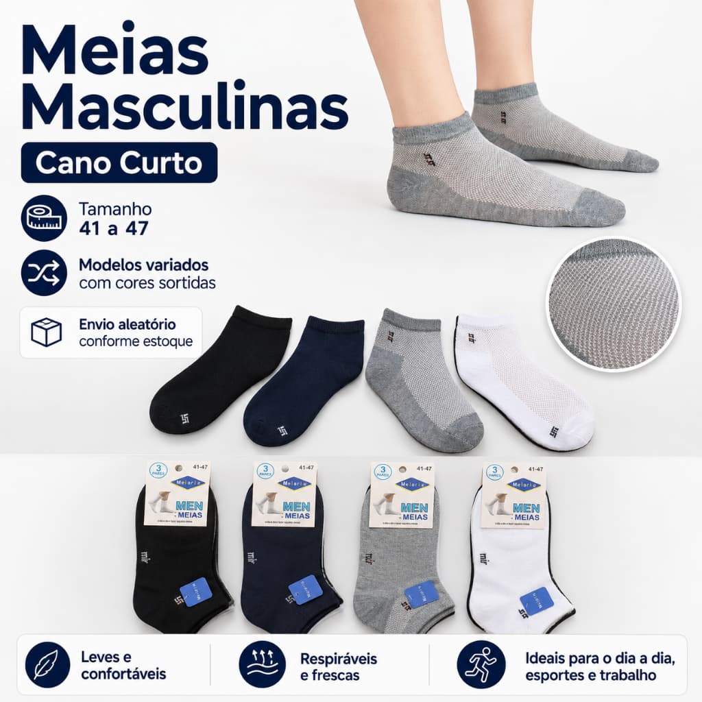 Kit Meias Masculinas Cano Curto Algodão Respirável Confortável Tamanho 41 ao 47