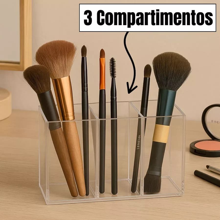 Organizador de Acrílico Transparente 3 Divisórias Multiuso | Porta Pincéis, Canetas, Maquiagem e Escritório