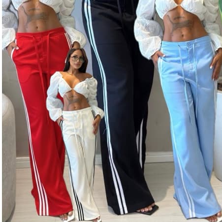 Calça Pantalona Wid leg feminina /tecido marrante e listras na lateral/pantalona
