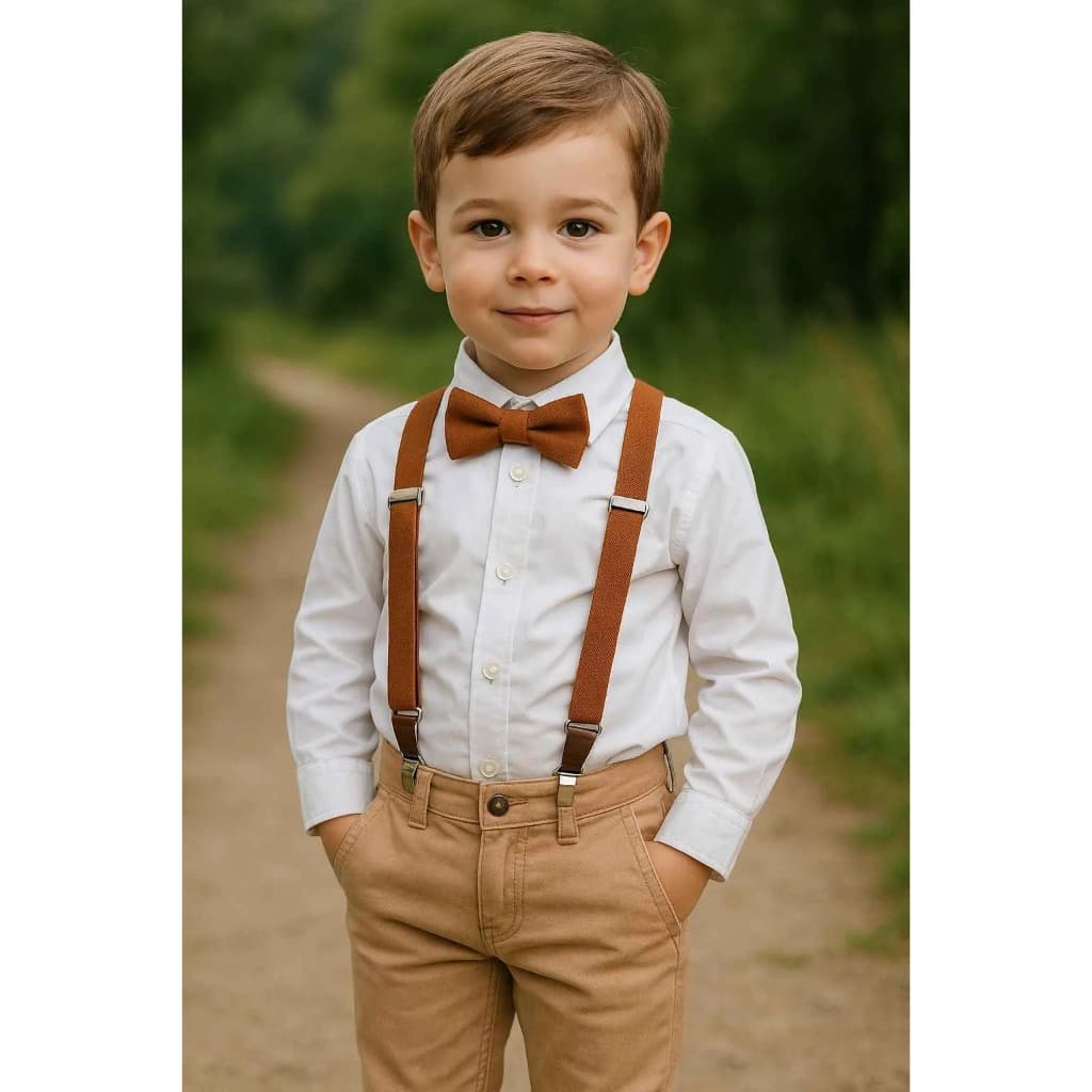 Calça Caqui Camisa Social Longa Gravata Suspensório Infantil Festa Pajem Casamento Batizado Formatura Menino