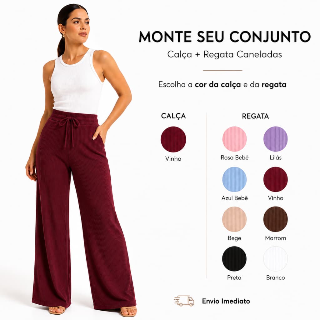 Conjunto Calça Pantalona Regata Larguinho Largo Feminino Trabalho Canelado Moda Verão Calor Feminina Gestante Gravidez
