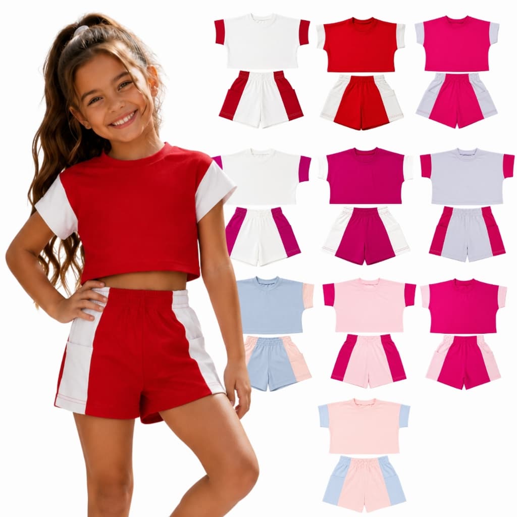 Conjunto Infantil Verão Menina - Cropped e Short Liso com Bolsos Laterais - 02 ao 08 anos 100% Algodão