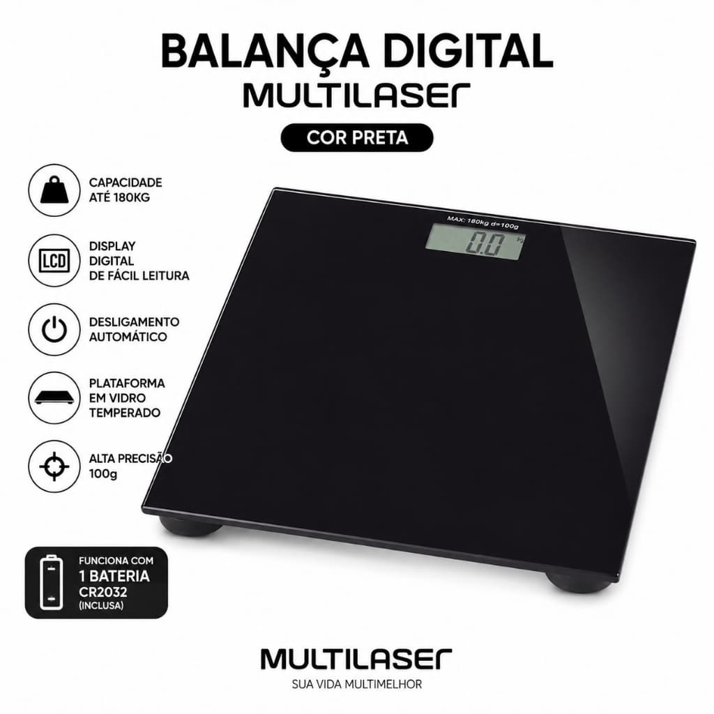 Balança Digital 180 Kg Bateria Cor Preta - Multi Saúde