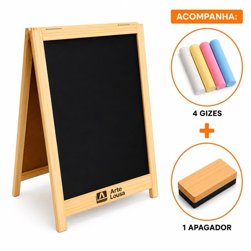 Lousa Cavalete Calçada 100x60cm Madeira Pinus Dupla Face Quadro Negro Dobrável Cardápio Promoção Restaurante Loja