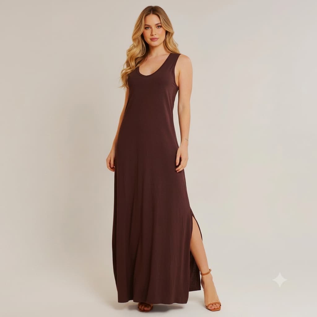 Vestido Longo Básico Feminino com Fenda Lateral Manga Curta Estilo Regata Nadador Casual Confortável Soltinho Elegante