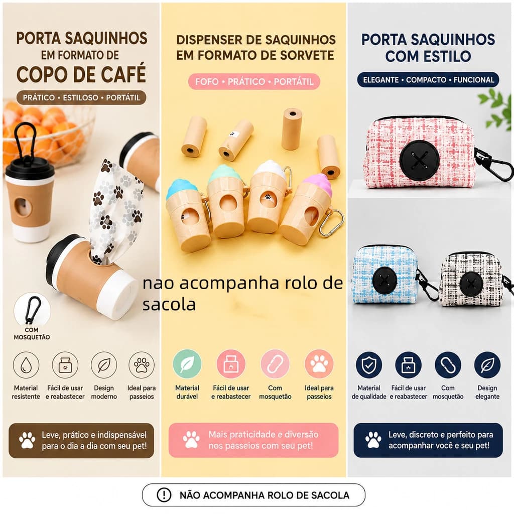 Porta Saquinhos para Pets – Dispenser Portátil com Mosquetão para Passeios (Não Acompanha Rolo de Sacola)