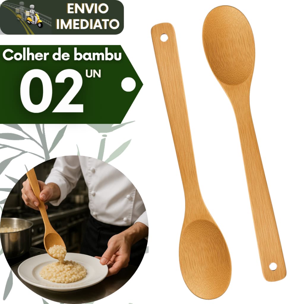 Kit 2 Colheres de Bamboo 30cm Ecológica Sustentável Natural Multiuso Cozinha Utensílio Madeira