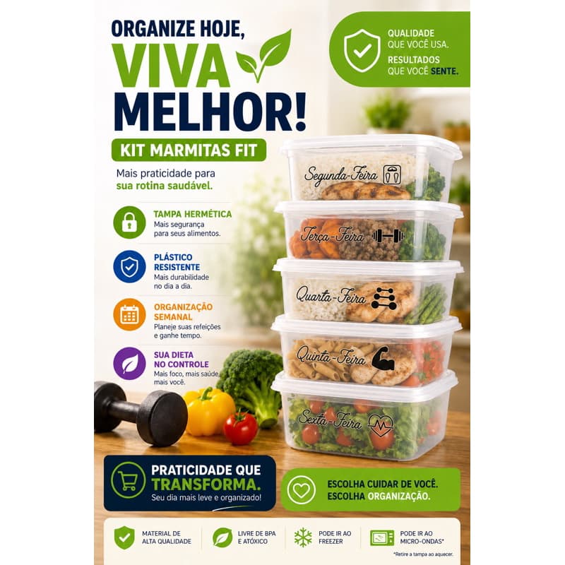 Kit 5/10/15/20 Potes Marmita Freezer Microondas Fitness Comida Congelada Marmitex Organização
