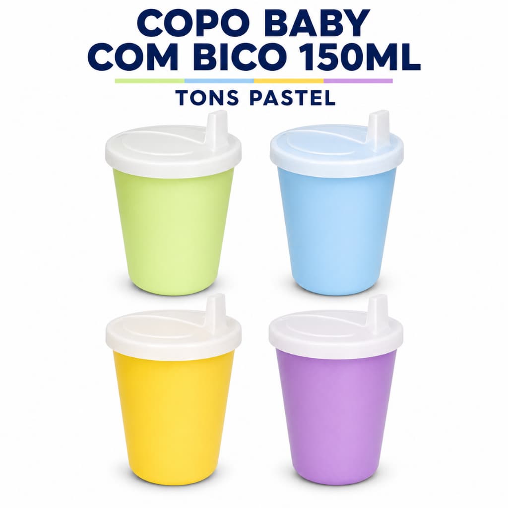 Copo Infantil 150ml Tampa Bico Treinamento Transição Bebê Plástico Resistente Creche Escola Reutilizável