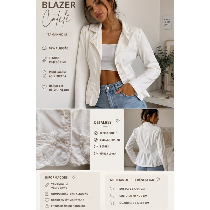 Blazer Feminino Branco 97% Algodão Tamanho M Acinturado Manga Longa Usado em Ótimo Estado
