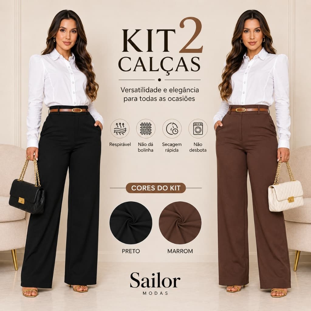KIT 2 Calças Pantalona Feminina Alfaiataria Premium Cintura Alta Com Bolso Wide Leg Social Blogueira