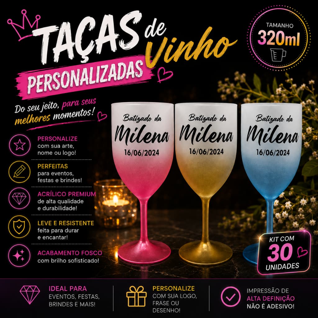 Kit 30 taças de Vinho 320ml degrade - Personalizada
