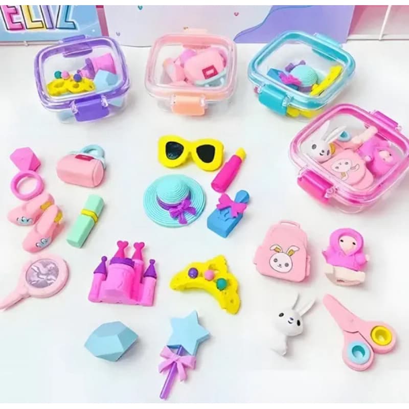 Marmitinha de Borracha Escolar Kawaii 4 Peças | Kit Borrachas Fofas com Estojo