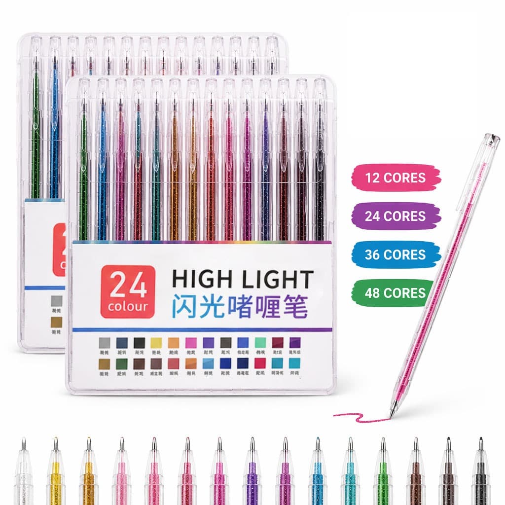 Kit 12/24/36/48 Canetas Gel Coloridas Glitter Metal Perfumadas para Escritório e Escola