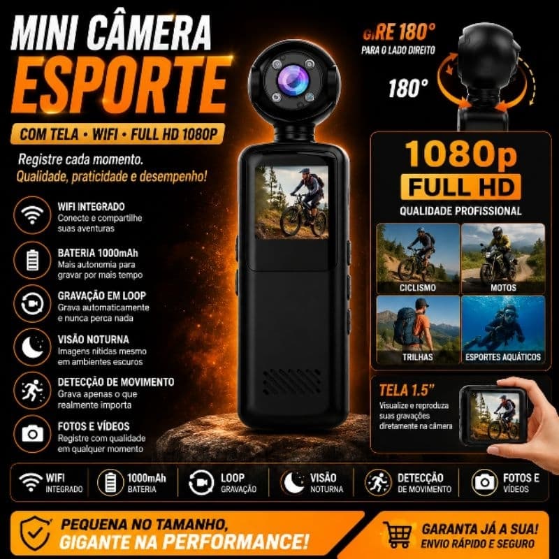 Câmera de Ação Esportiva Full HD 1080p Gravador Portátil