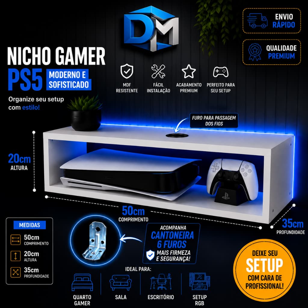 NICHO RETANGULAR PARA PS5/XBOX MDF MODERNO +CANTONEIRA 6 FUROS | SUPORTE PREMIUM PARA SETUP GAMER 🎮