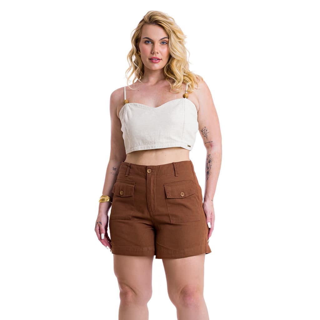Short Feminino Plus Size De Linho Premium com Bolsos Social Alfaiataria